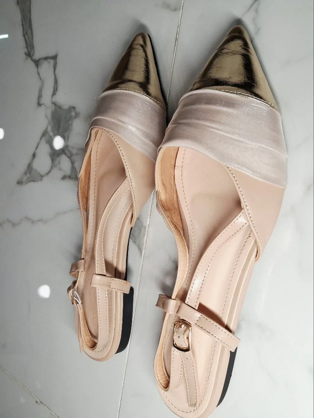 Cuccoo Beige Gold Faux Leather Satin Mesh Ballet Flats Sling Back Pointed Toe 9